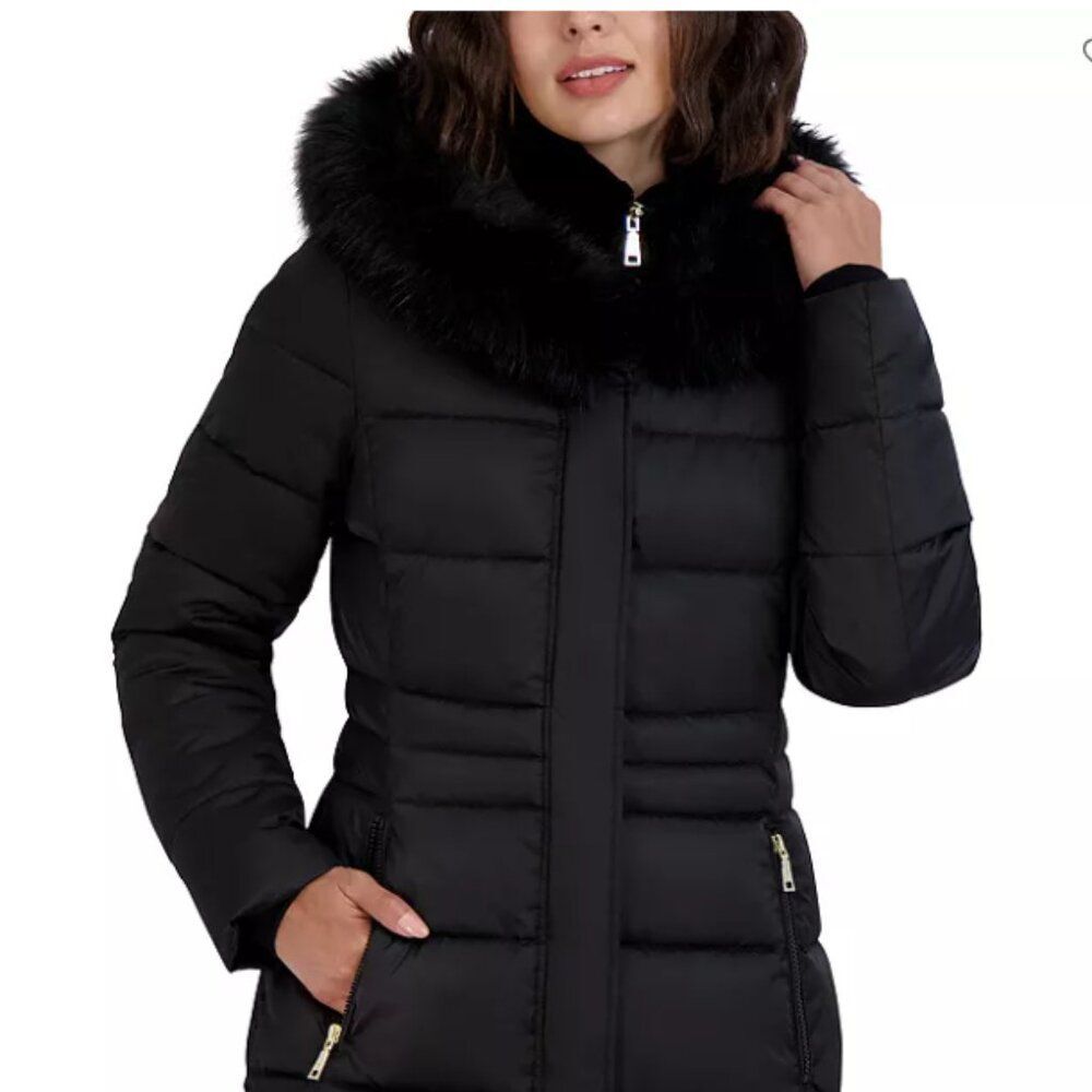 $320 - NWT-Tahari Dana Hooded Faux Fur Trim Puffer Coat - Black - XL - Picture 8 of 14